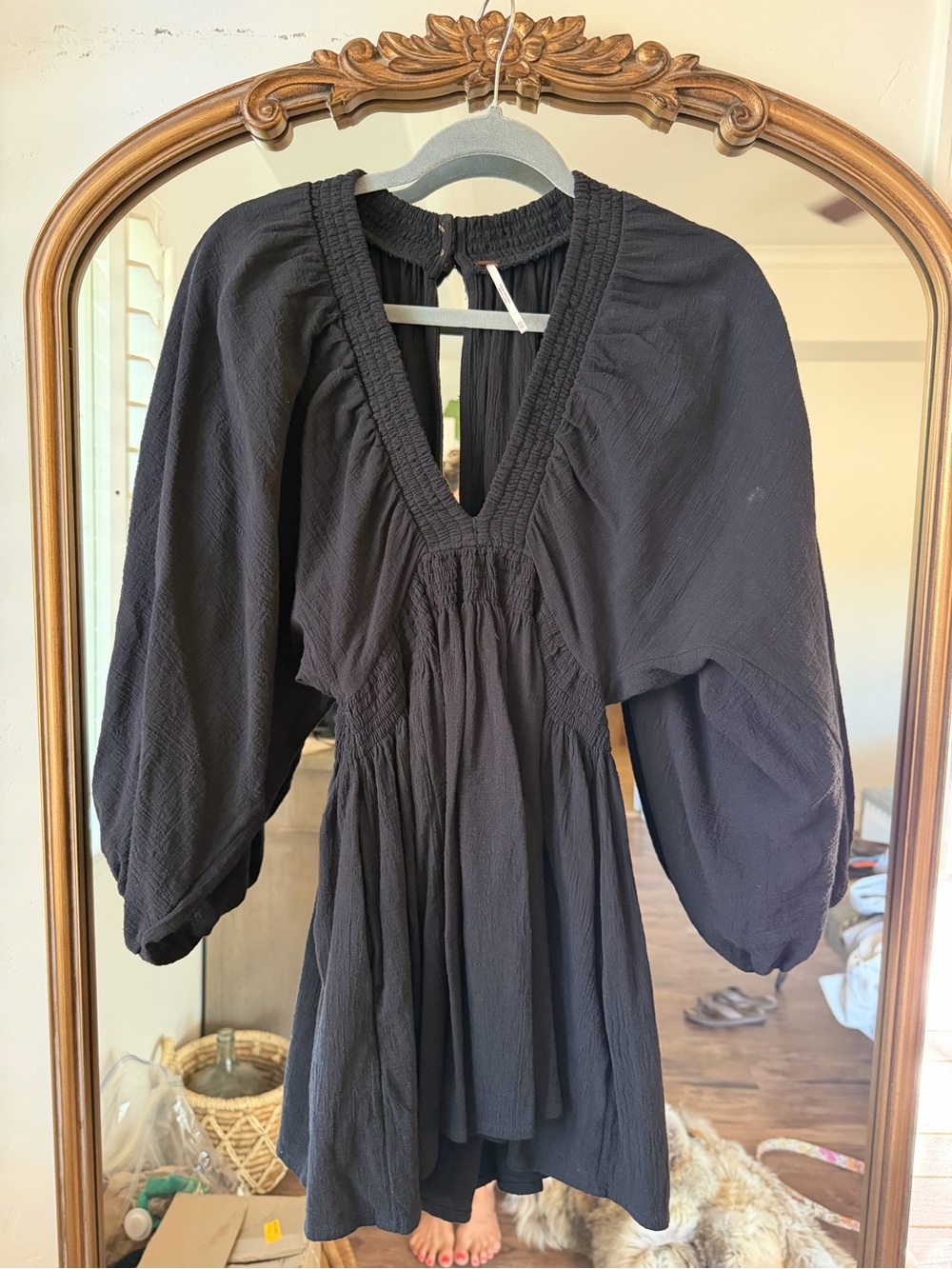 Free People Black V-Neck Smocked Waist Balloon Sleeve Mini Dress
